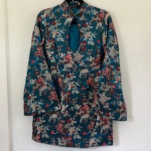 Teal Satin Floral Cocktail Dress with Bell Sleeves